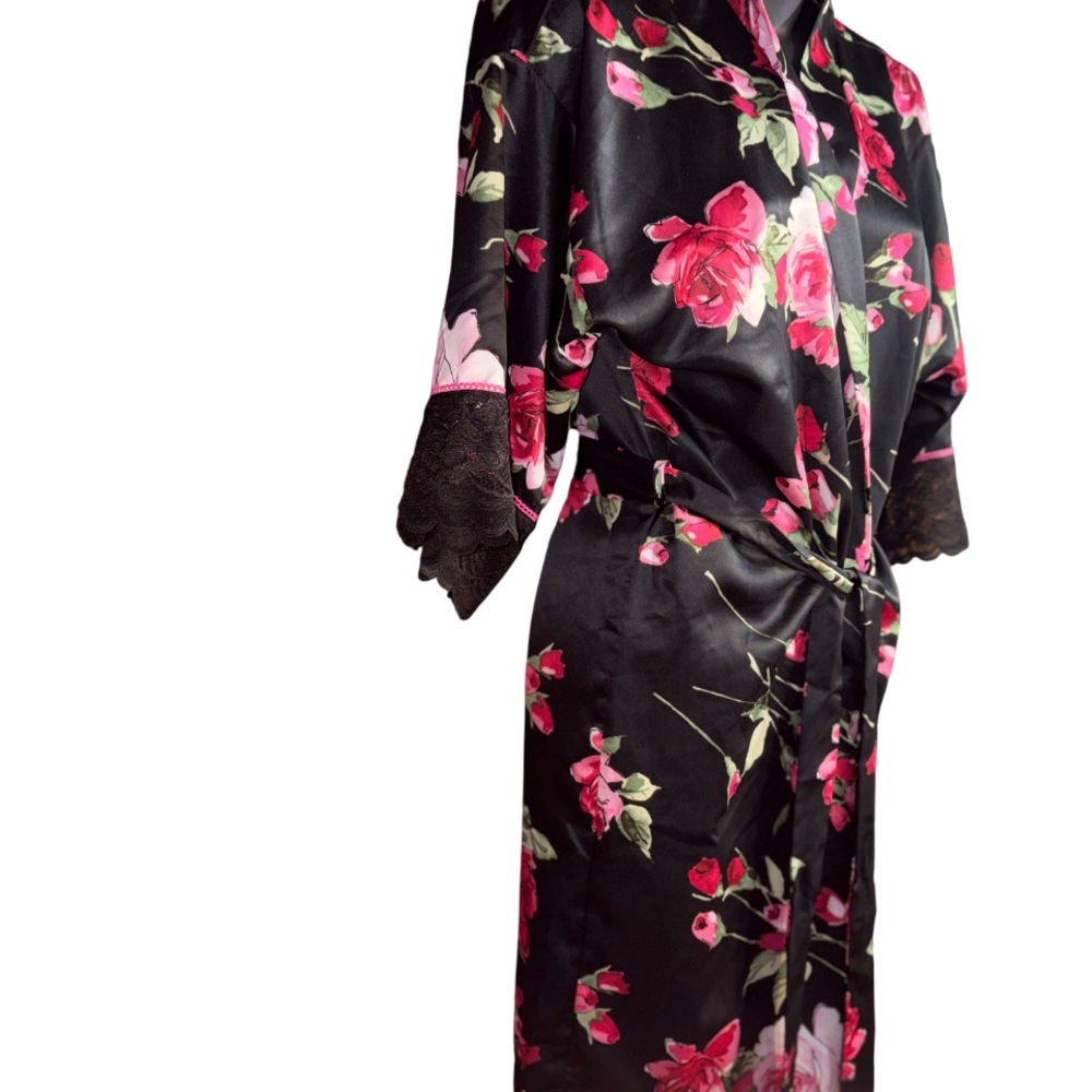 Linea Donatella Luxury Floral Print Lace Trim Wrap Robe rose black satin small - Picture 4 of 9
